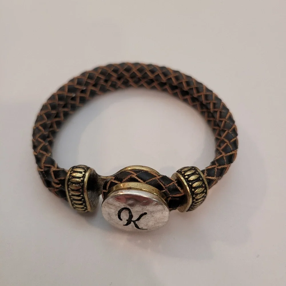 Ginger Snaps Braided Leather Bracelet Unisex Brown Initial K Snap Brass Tone Vtg